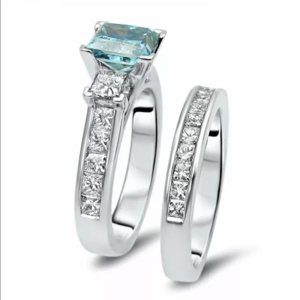 18K WHITE GOLD 2 1/2ct TDW Blue Princess-cut Diamond Bridal Set vermeil - Picture 4 of 10